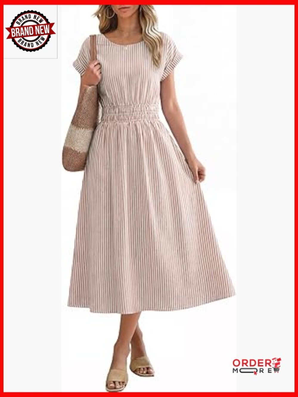 Striped Midi Dress Crewneck Short Sleeve Empire Waist Flowy with Pockets